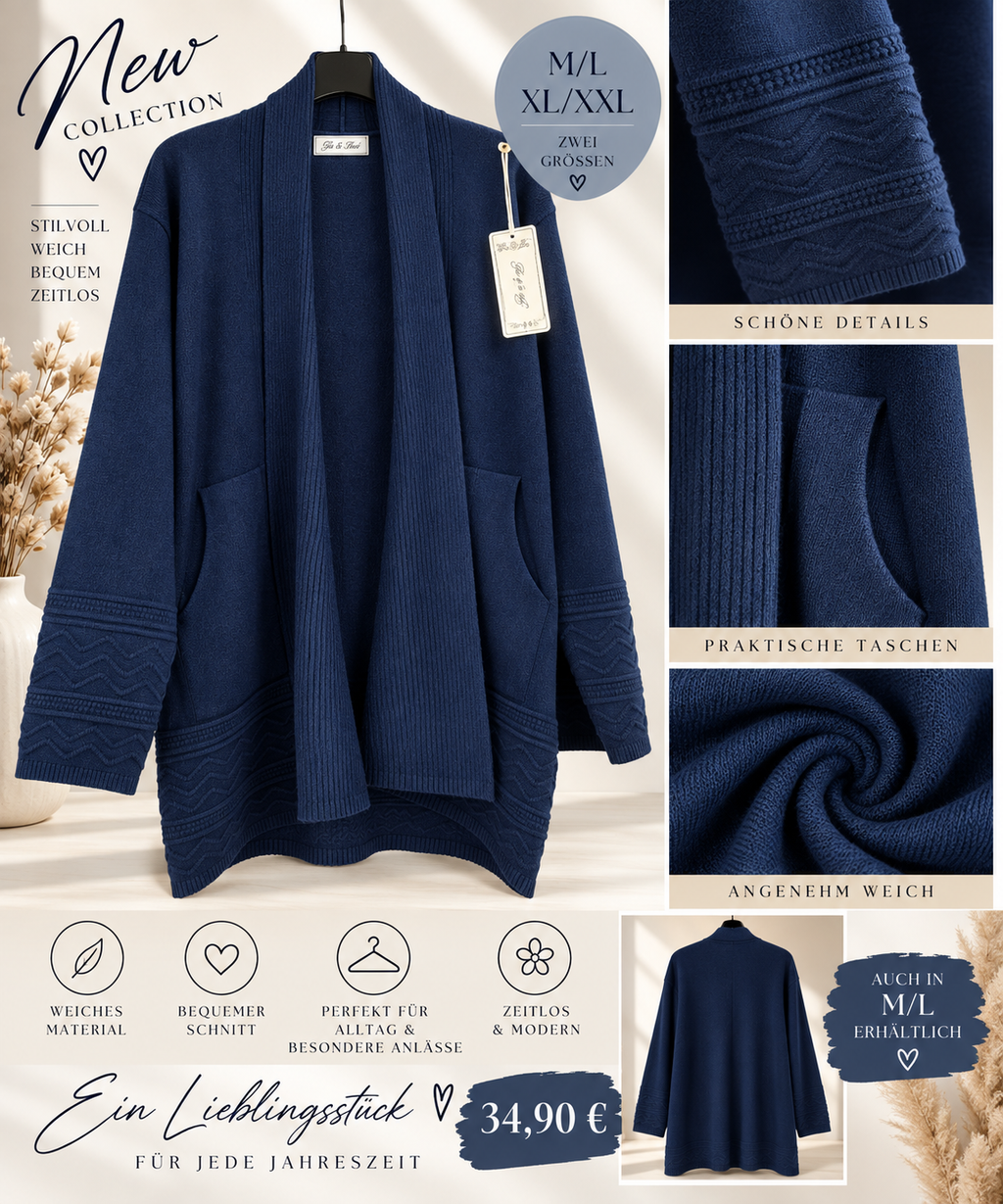 Langer Damen Cardigan mit Taschen & Strickdetails