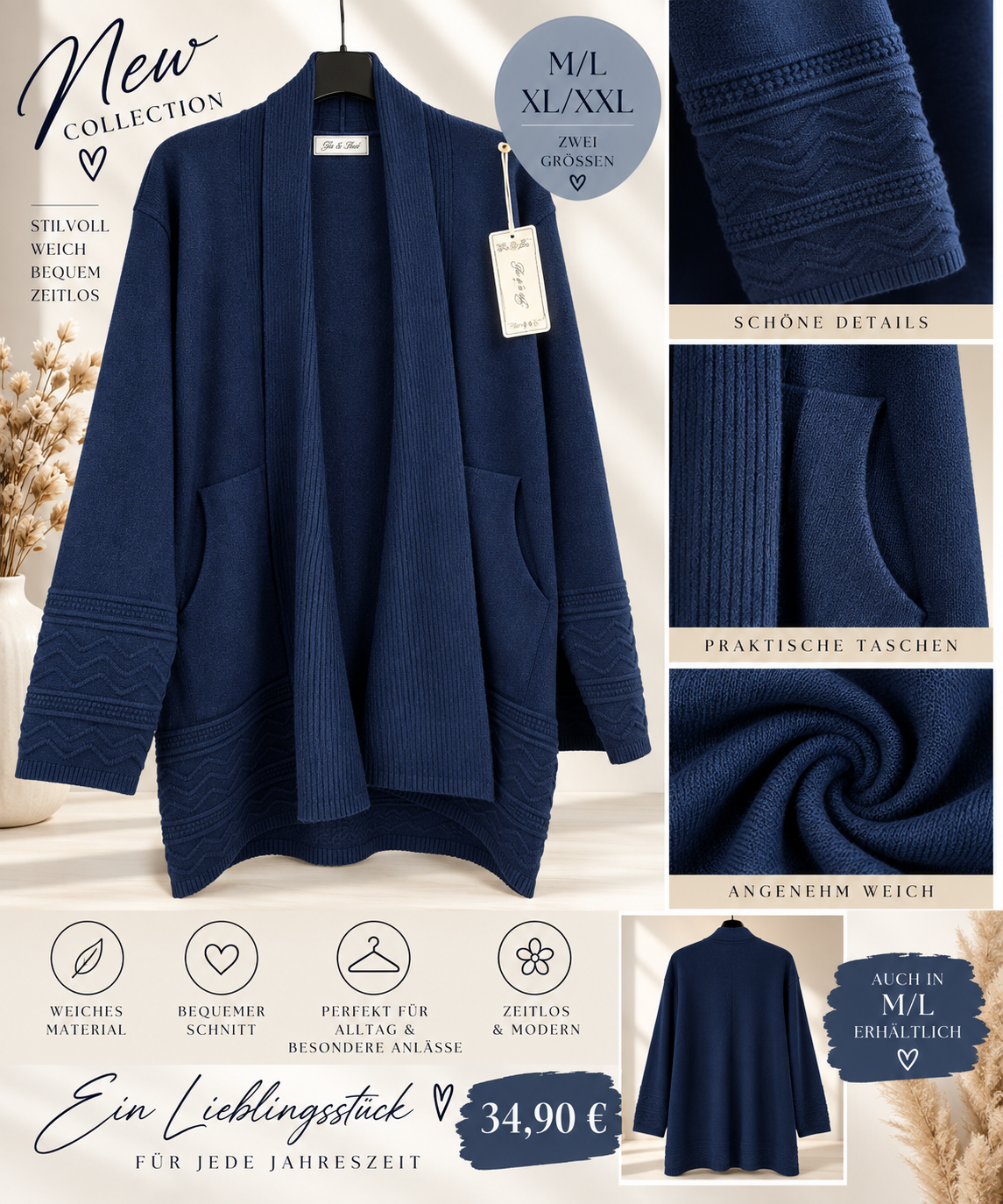 Langer Damen Cardigan mit Taschen & Strickdetails