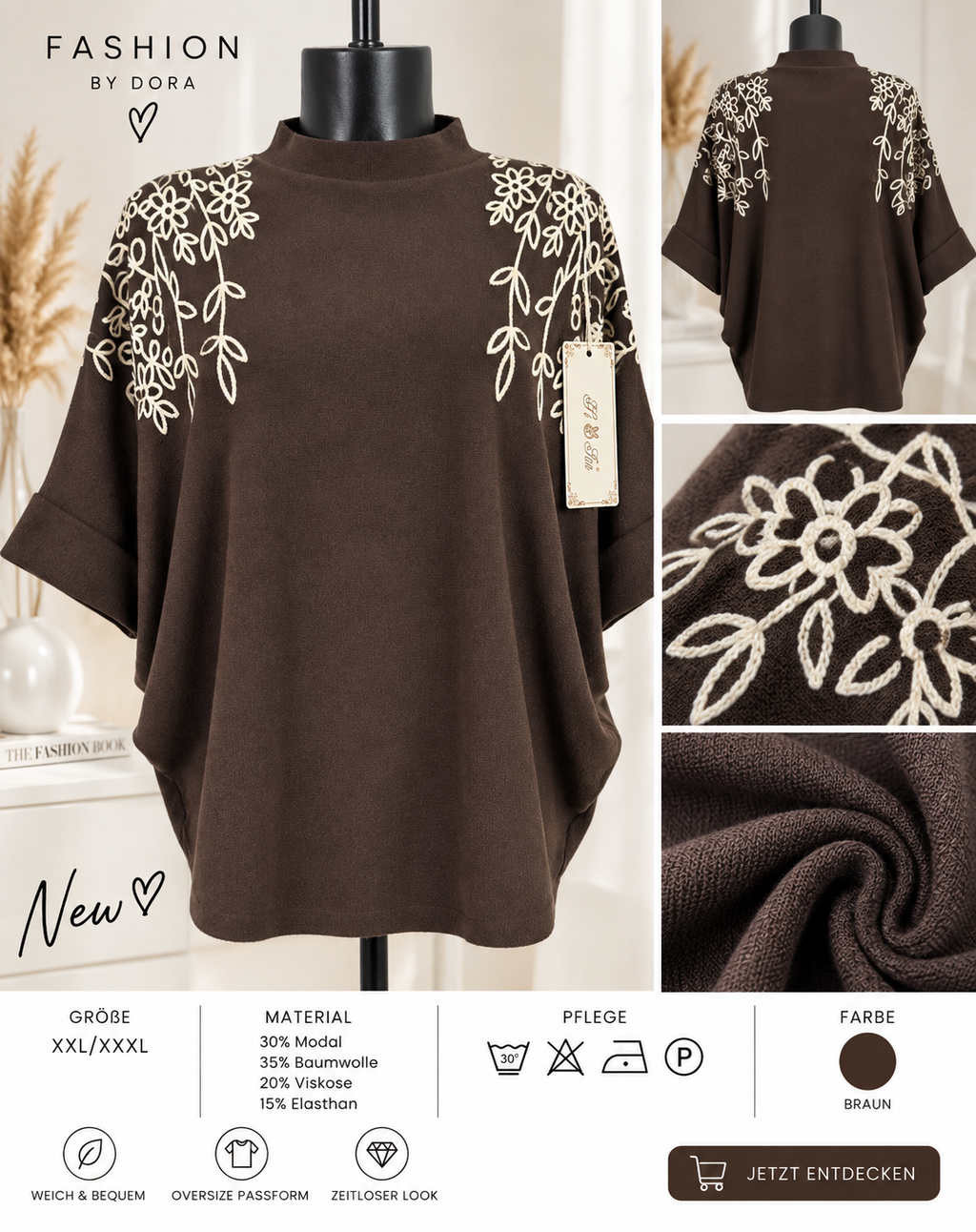 Damen Oversize Pullover XXL/XXXL Blumen Stickerei Modal Baumwolle 4 Farben