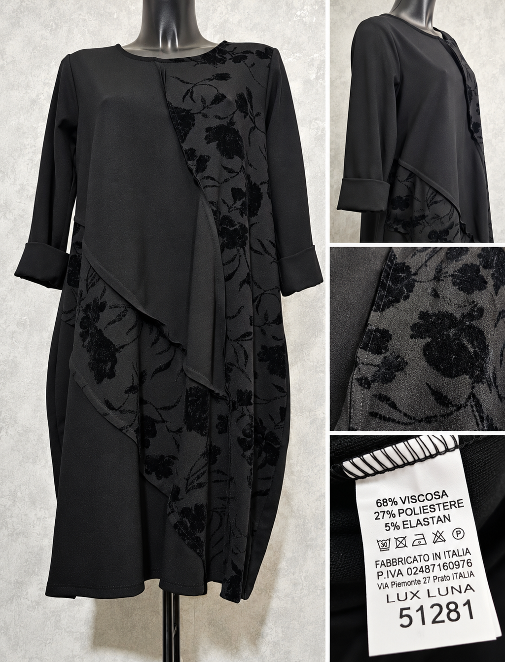 Elegantes Schwarzes Kleid mit Samt-Blumenmuster – Lux Luna Italien – L/XL