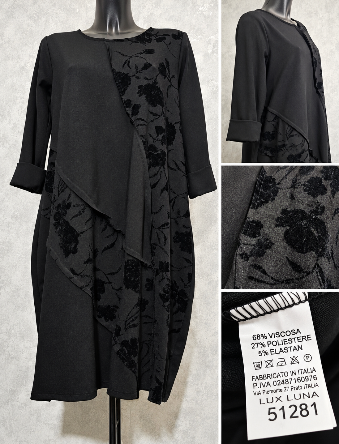 Elegantes Schwarzes Kleid mit Samt-Blumenmuster – Lux Luna Italien – L/XL