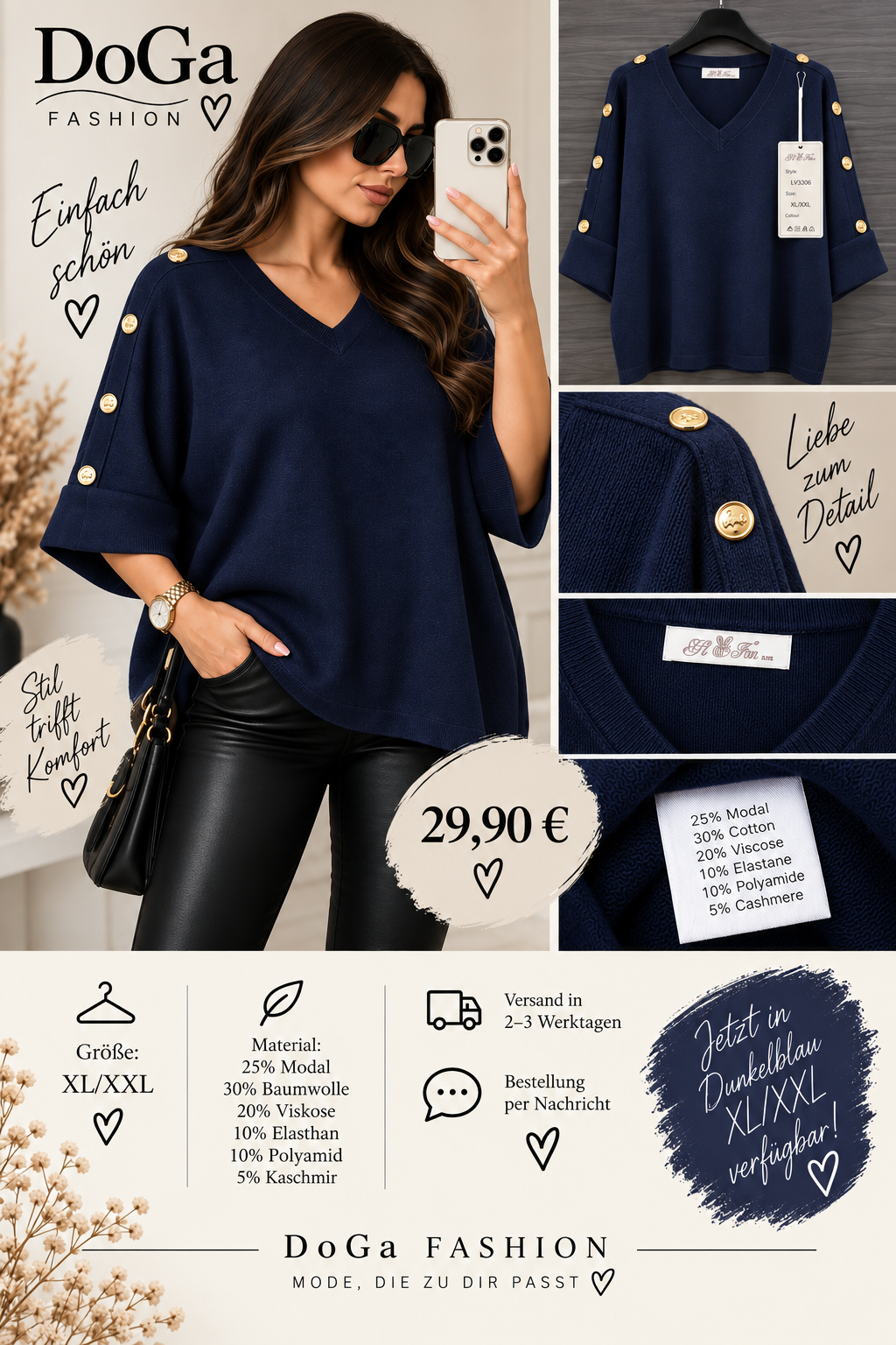 Weicher V-Neck Pullover mit goldenen Knopfdetails