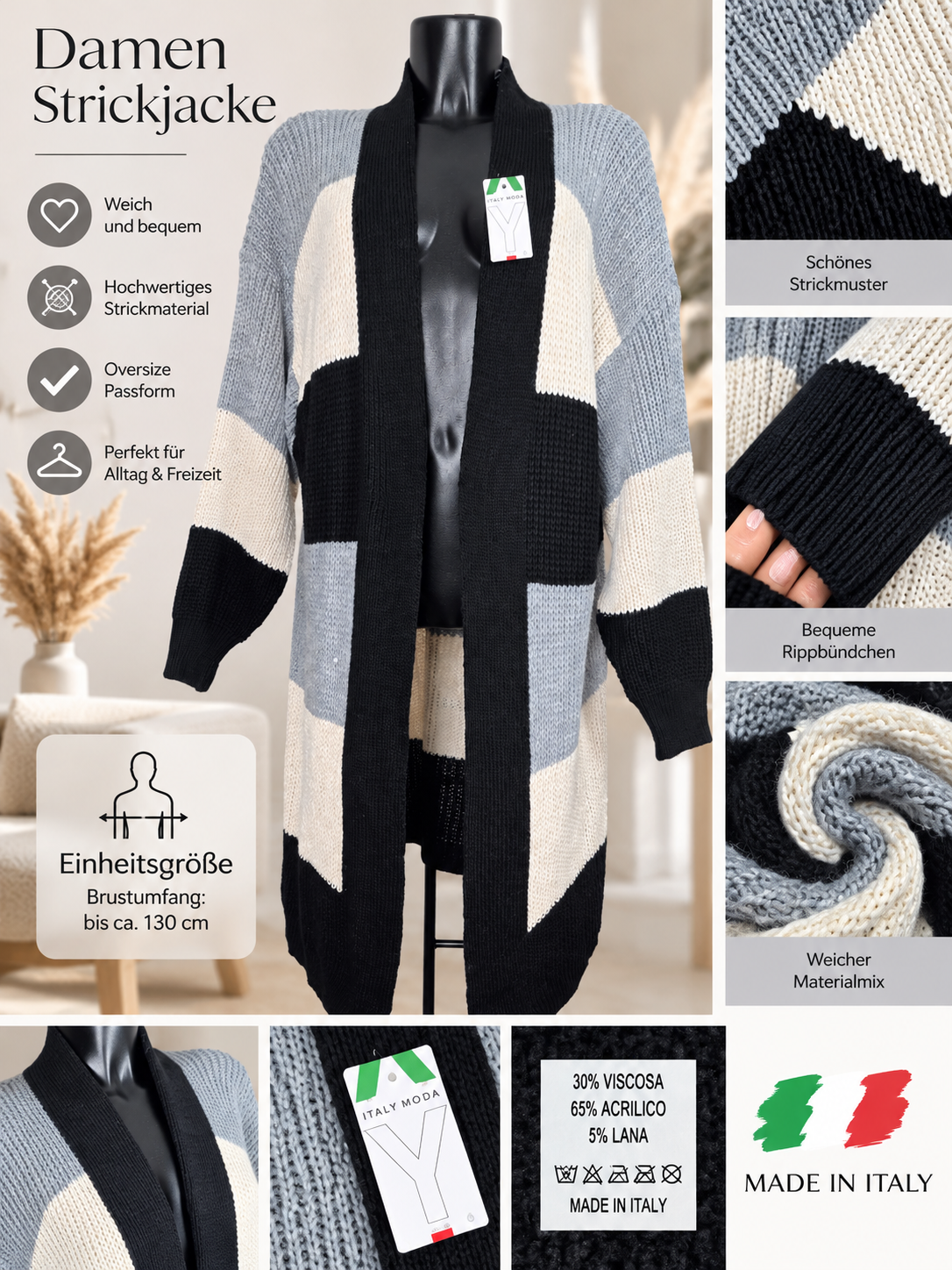 Damen Strickjacke Oversize Cardigan Lang Grobstrick Schwarz Grau Braun