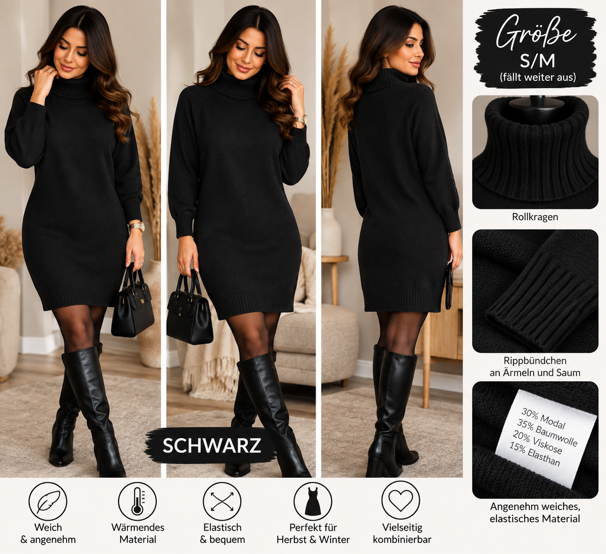 Weiches Strickkleid mit Rollkragen – S/M & L/XL