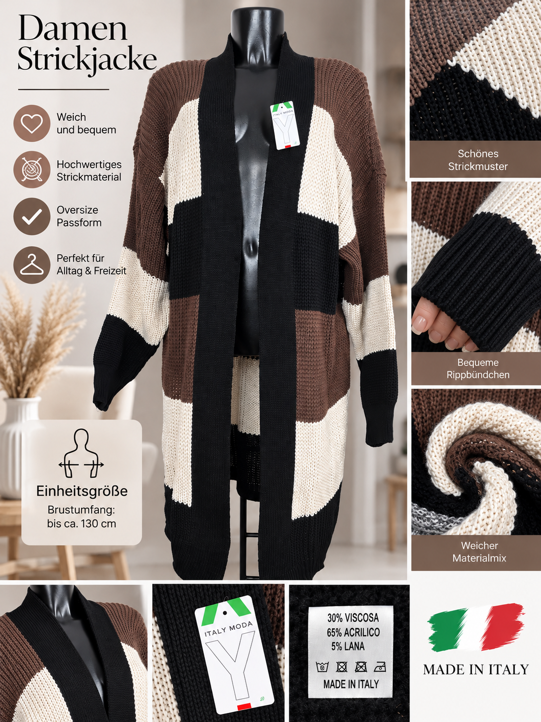 Damen Strickjacke Oversize Cardigan Lang Grobstrick Schwarz Grau Braun