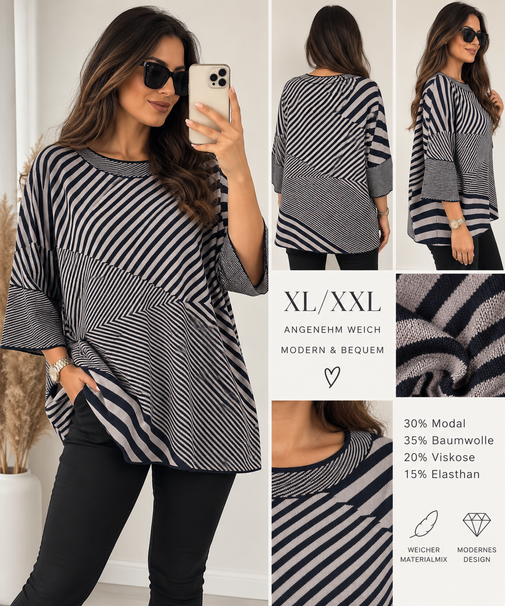 Oversize Pullover XL/XXL – weicher Materialmix | Streifen-Design
