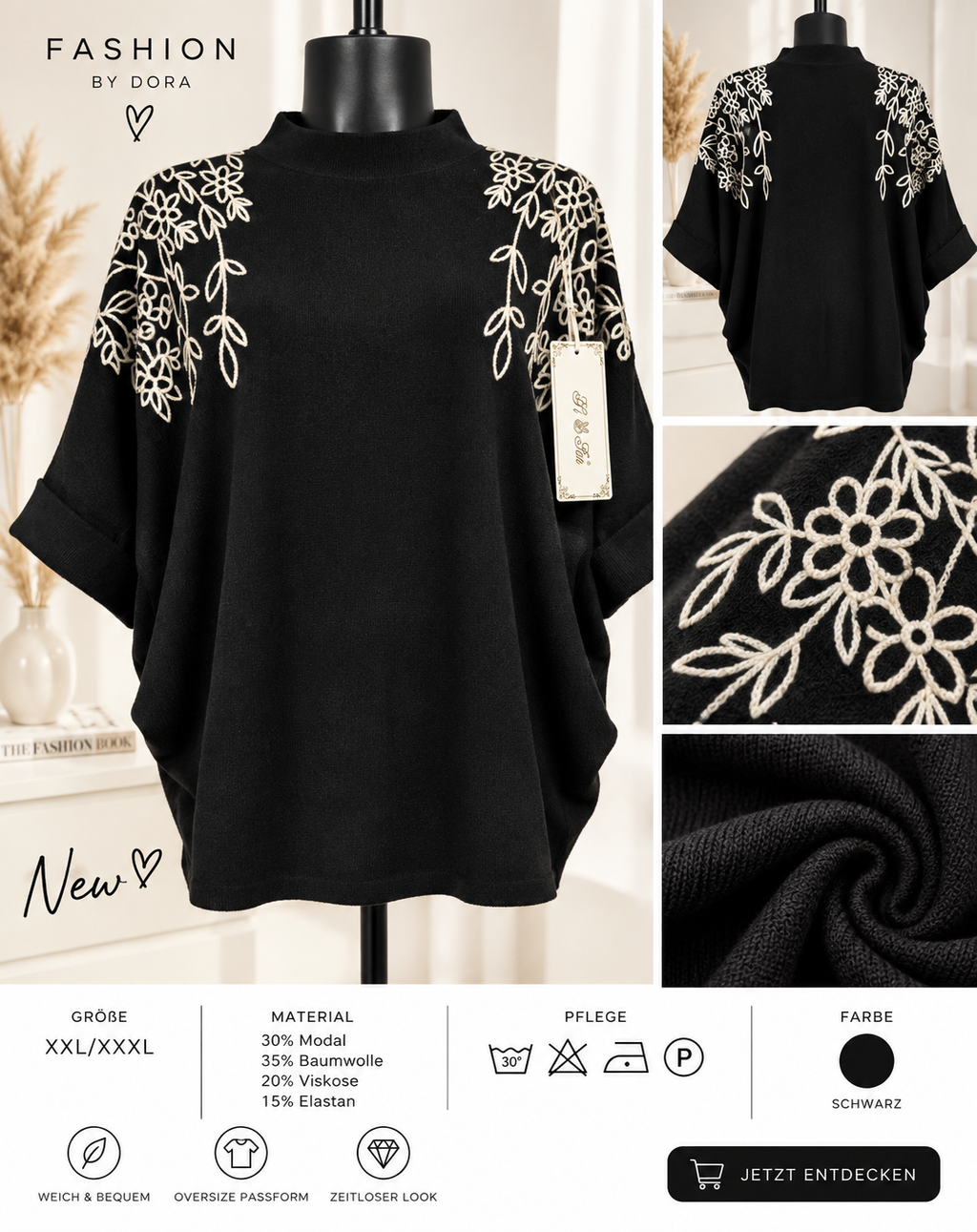 Damen Oversize Pullover XXL/XXXL Blumen Stickerei Modal Baumwolle 4 Farben