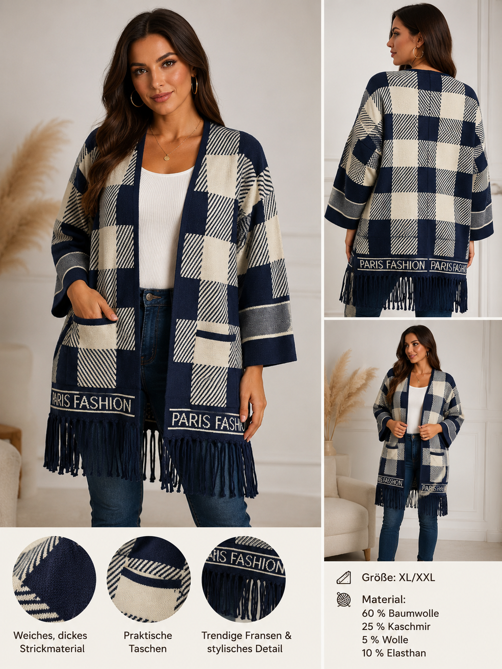 Karierter Cardigan mit Fransen & Taschen – M/L bis XL/XXL
