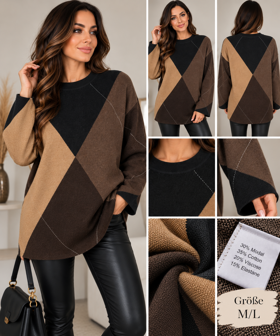 Damen Pullover mit geometrischem Muster – M/L – 3 Farben