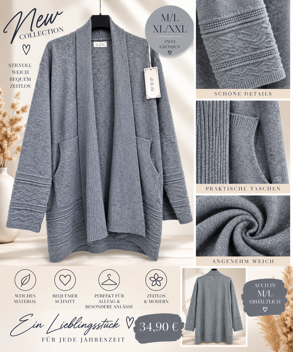 Langer Damen Cardigan mit Taschen & Strickdetails