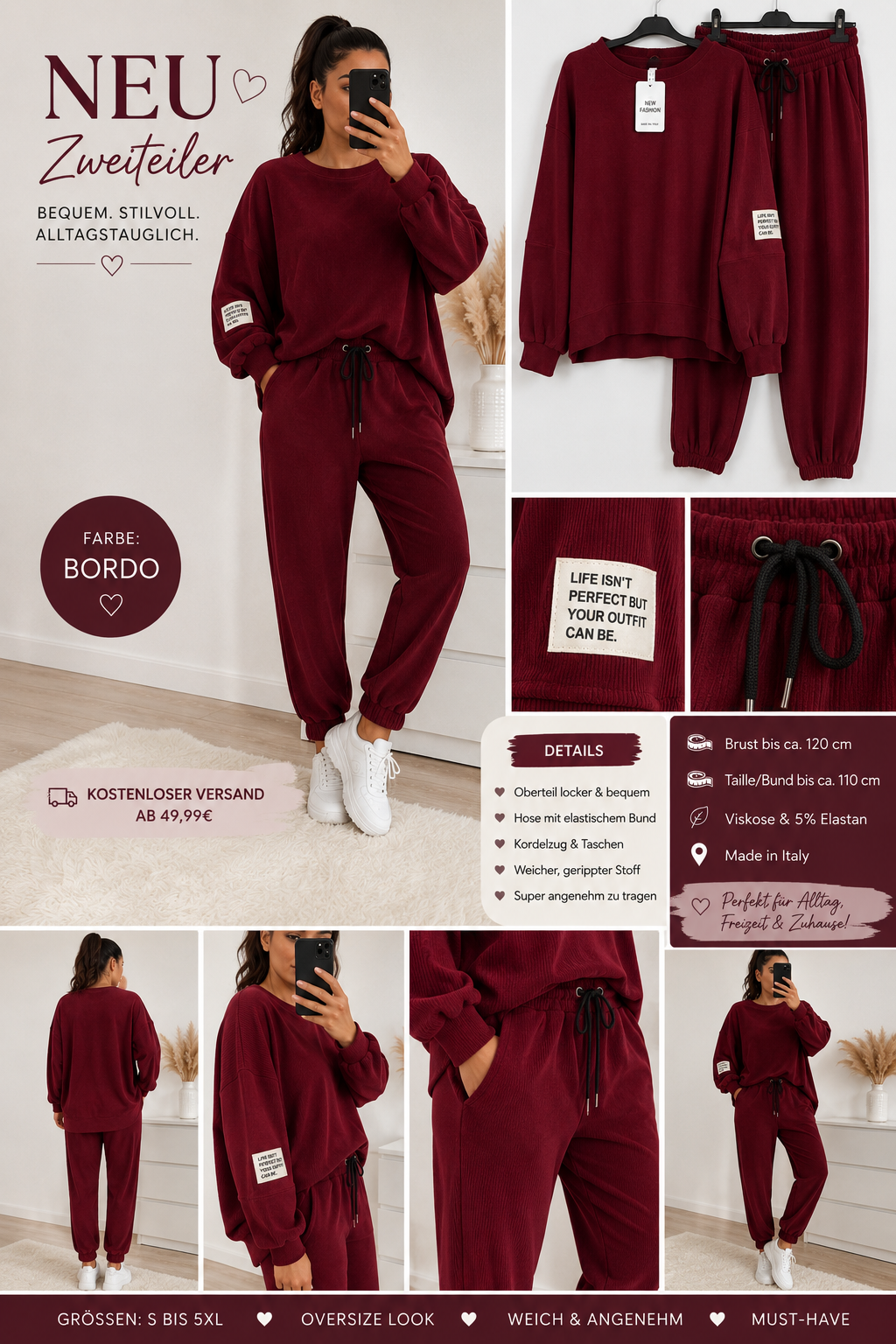 Gerippter Damen Zweiteiler Oversize – Viskose & Elasthan