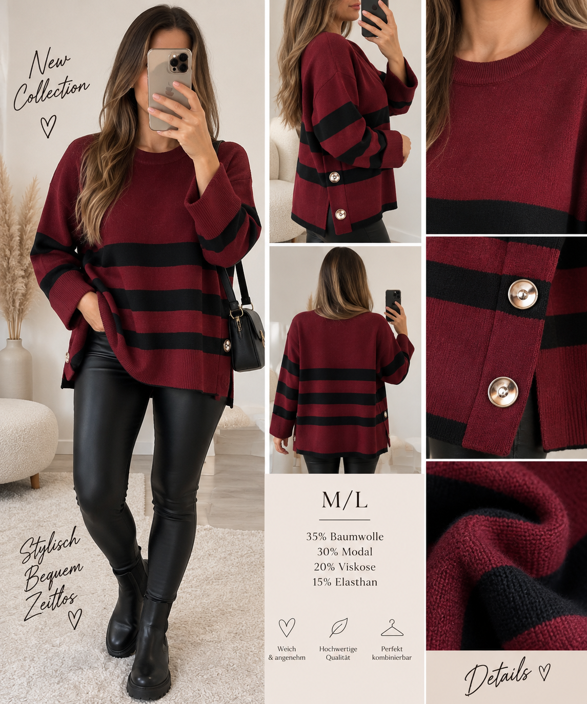 Oversize Streifen-Pullover mit Knopfdetails – M/L