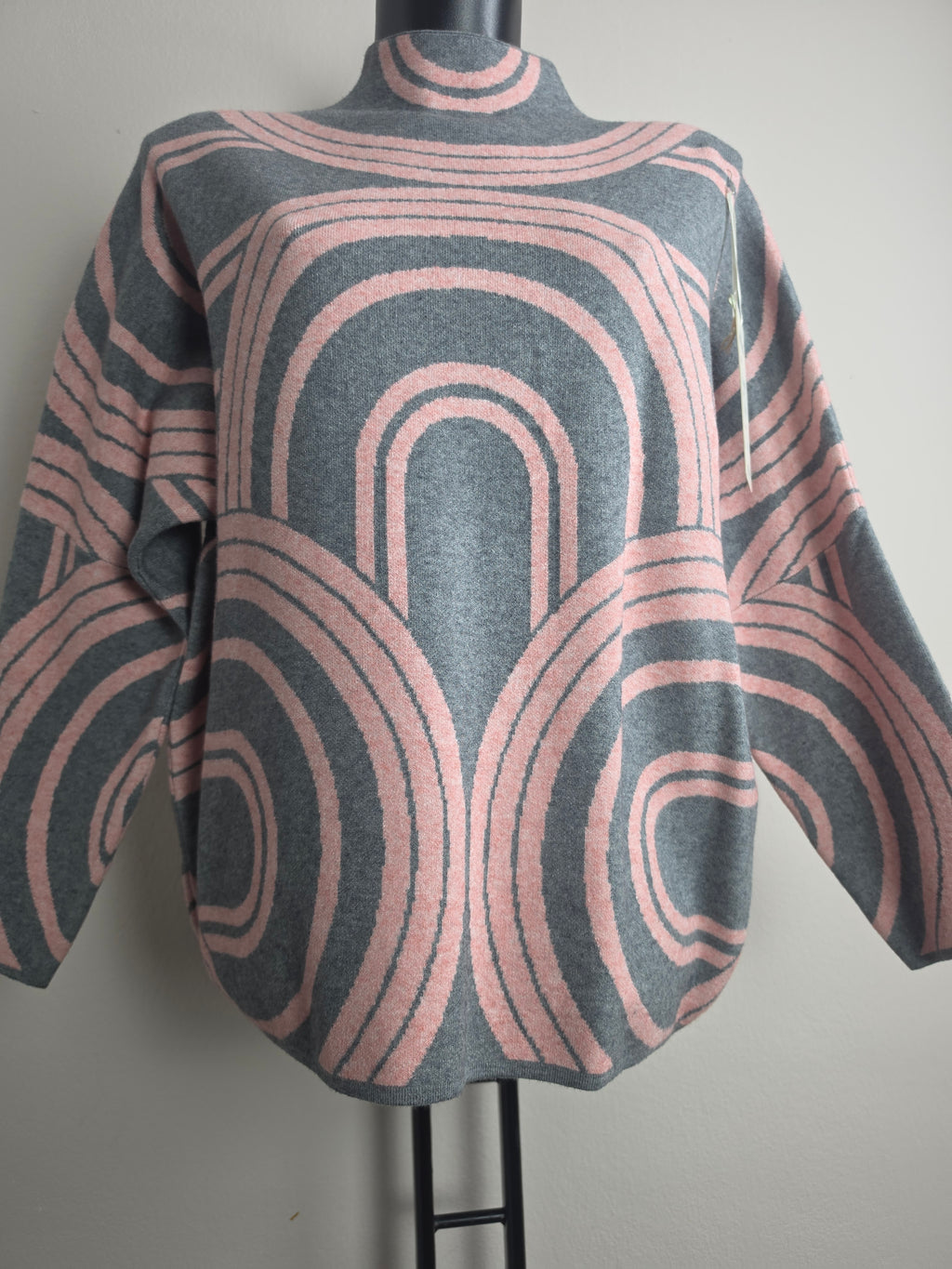 Damen Strickpullover M/L Oversize Stehkragen Warm Geometrisches Muster
