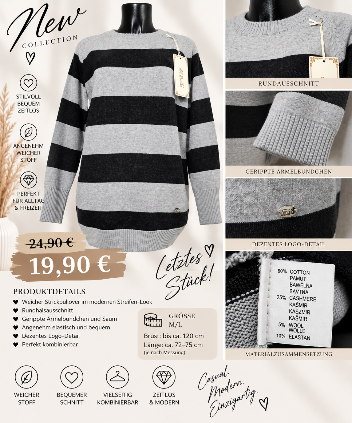 Gestreifter Strickpullover Grau/Schwarz – M/L