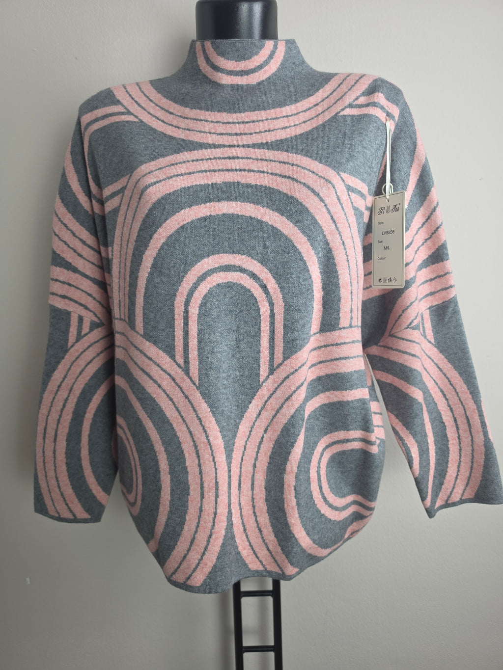Damen Strickpullover M/L Oversize Stehkragen Warm Geometrisches Muster
