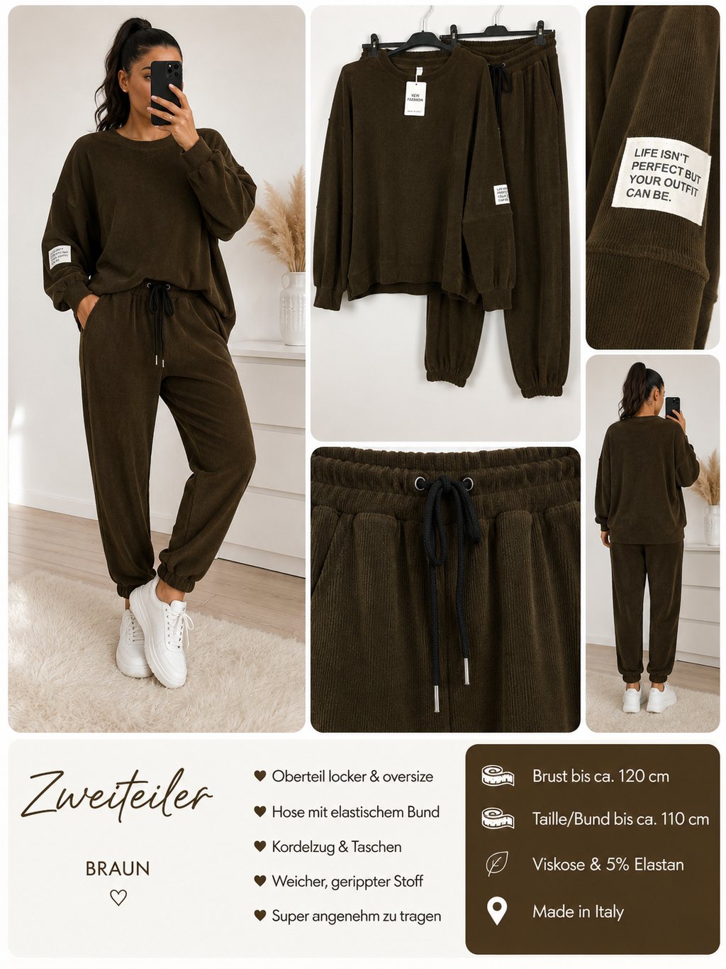 Gerippter Damen Zweiteiler Oversize – Viskose & Elasthan
