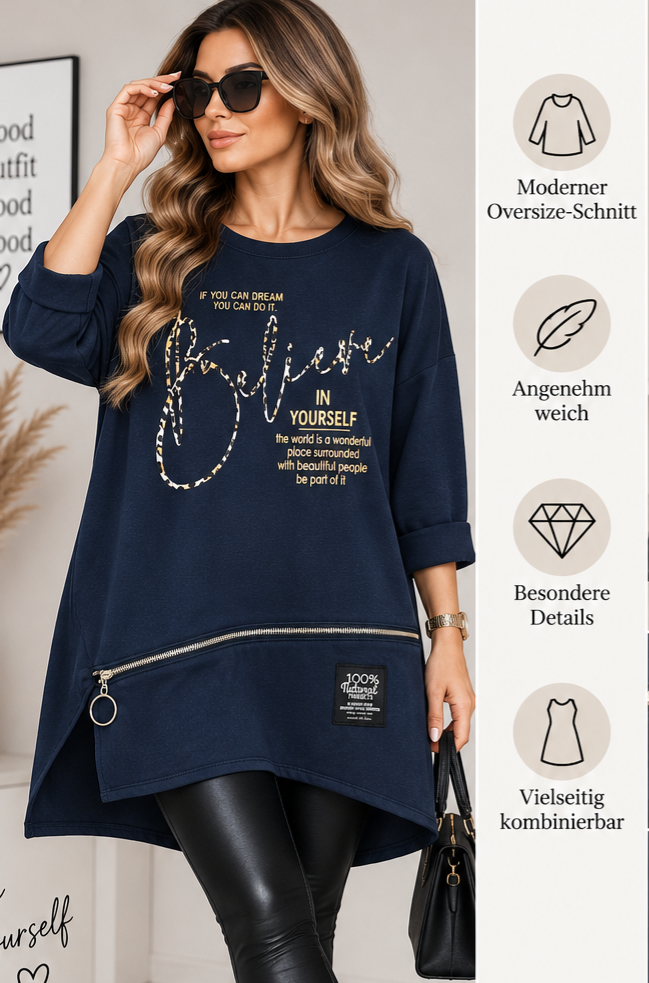 Oversize Tunika „Believe“ mit Reißverschluss-Detail