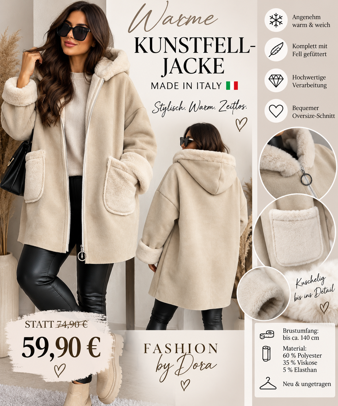 Warme Oversize Kunstfell-Jacke mit Kapuze