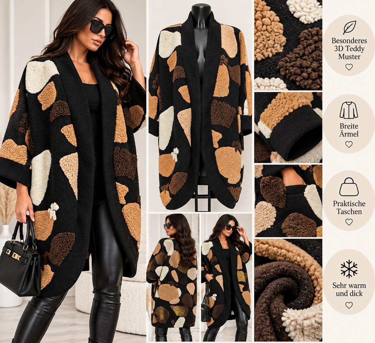 Oversize Damenmantel mit 3D-Teddy-Muster – Wollmix – One Size