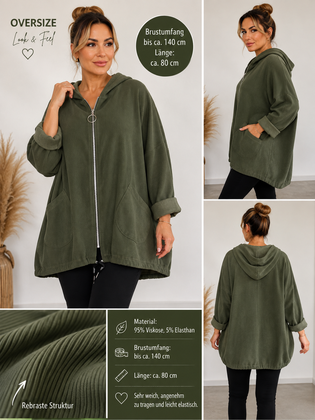 Oversize Jacke mit Kapuze – weich & elastisch | bis ca. 140 cm Brust