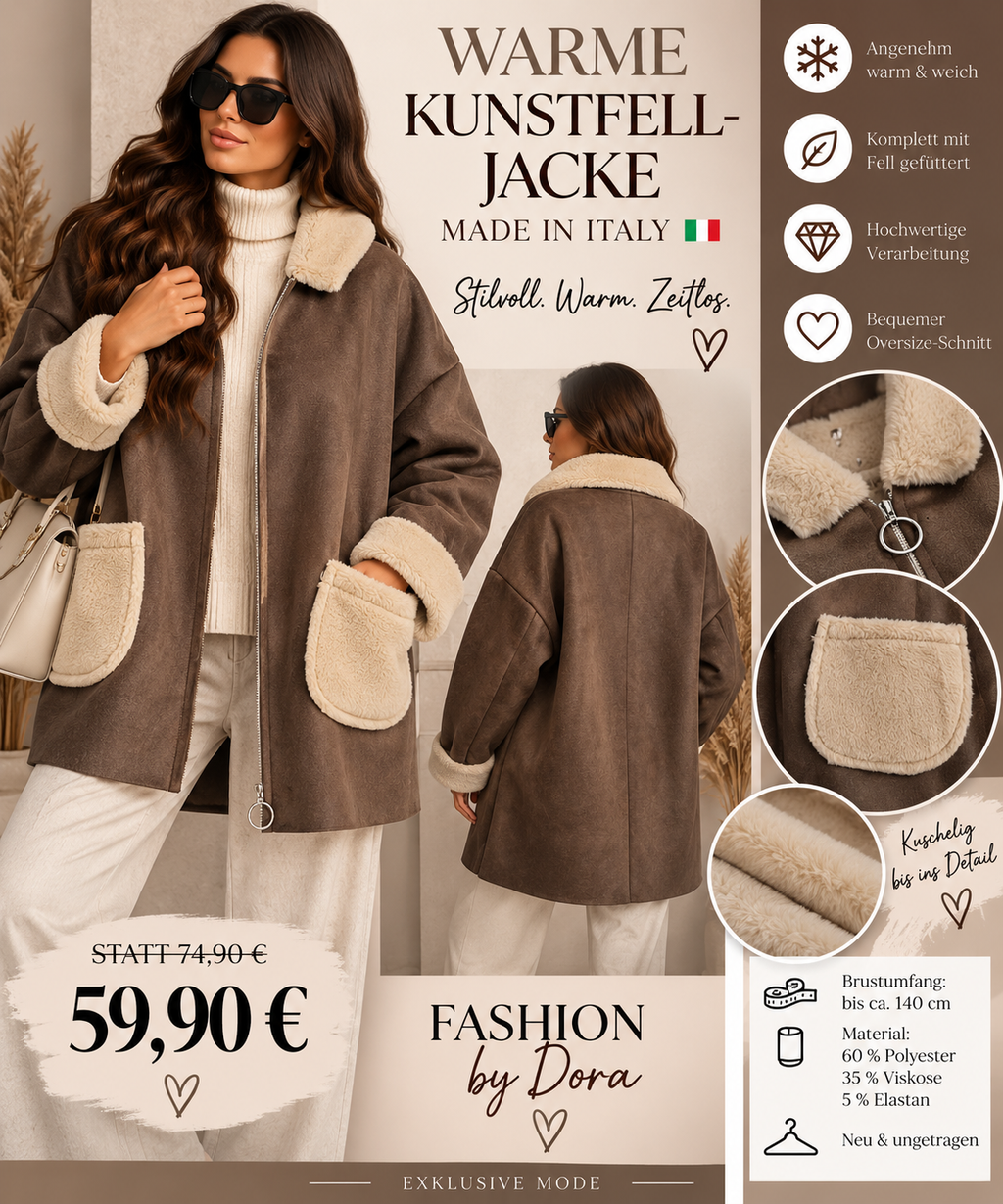Warme Oversize Kunstfell-Jacke mit Kapuze