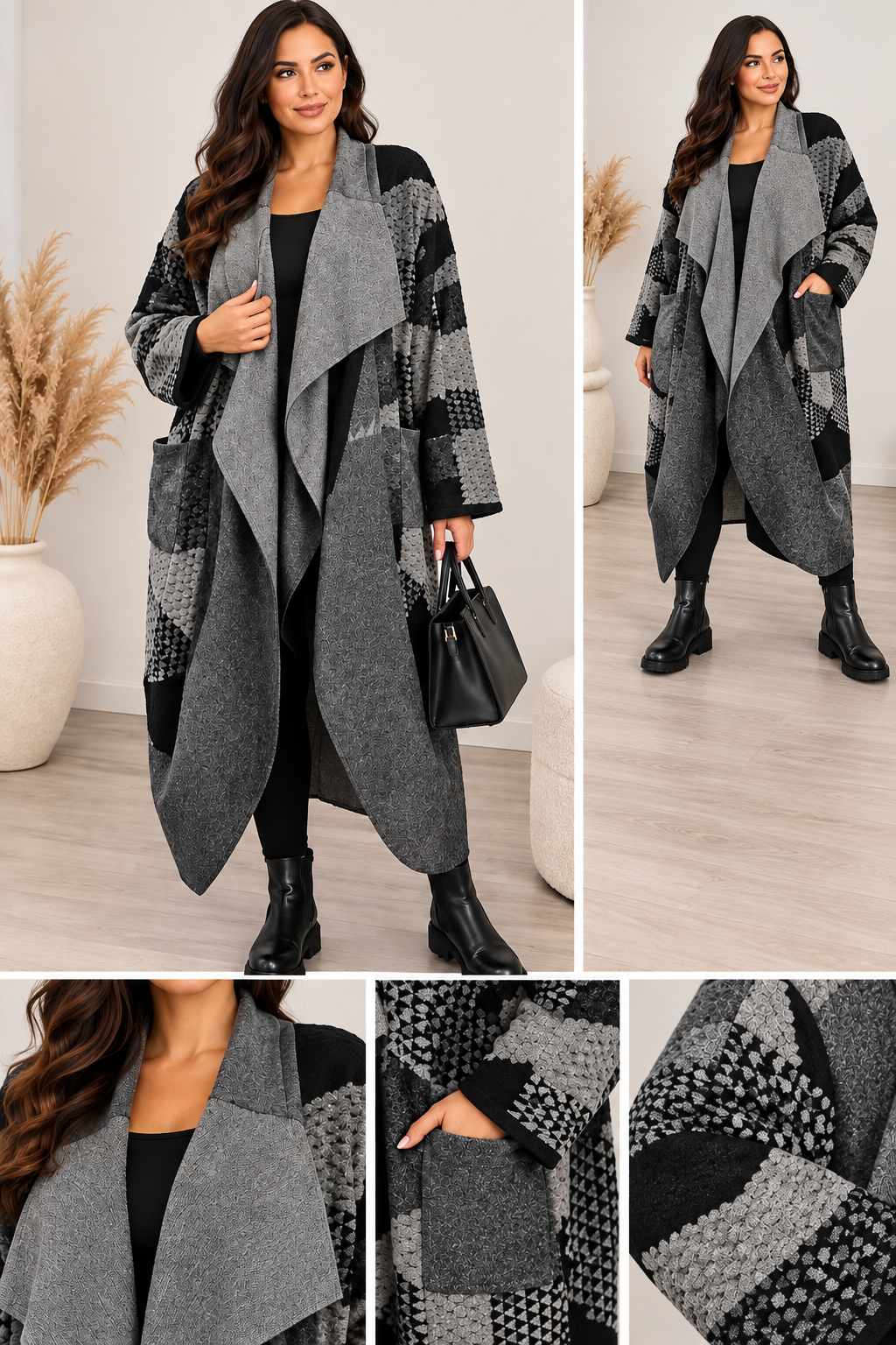Außergewöhnlicher Long Cardigan / Strickmantel in Grau-Schwarz