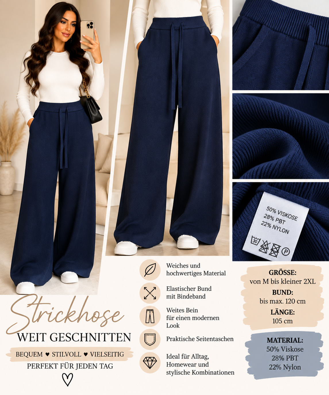 Damen Strickhose Wide Leg – Weiche Hose mit Gummibund & Taschen – M–2XL