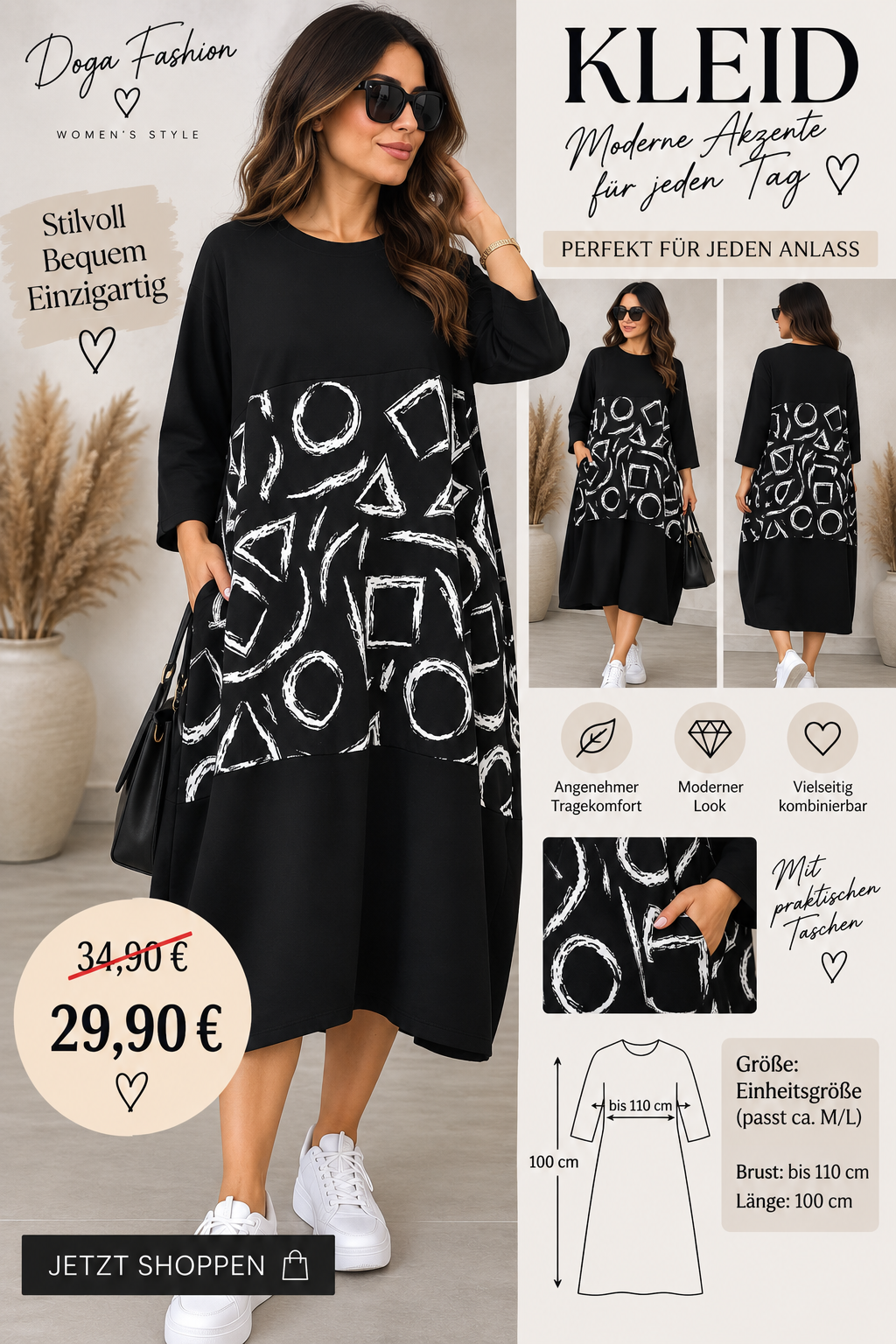 Oversize Kleid mit Print & Taschen – 2 Designs