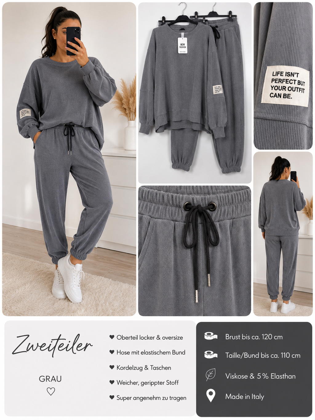Gerippter Damen Zweiteiler Oversize – Viskose & Elasthan