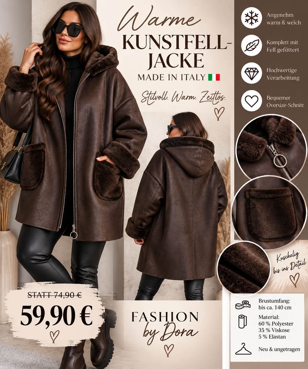 Warme Oversize Kunstfell-Jacke mit Kapuze