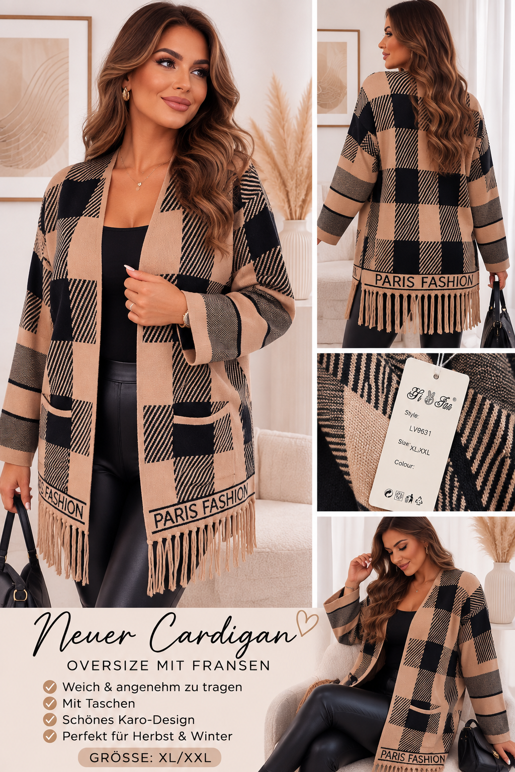 Karierter Cardigan mit Fransen & Taschen – M/L bis XL/XXL