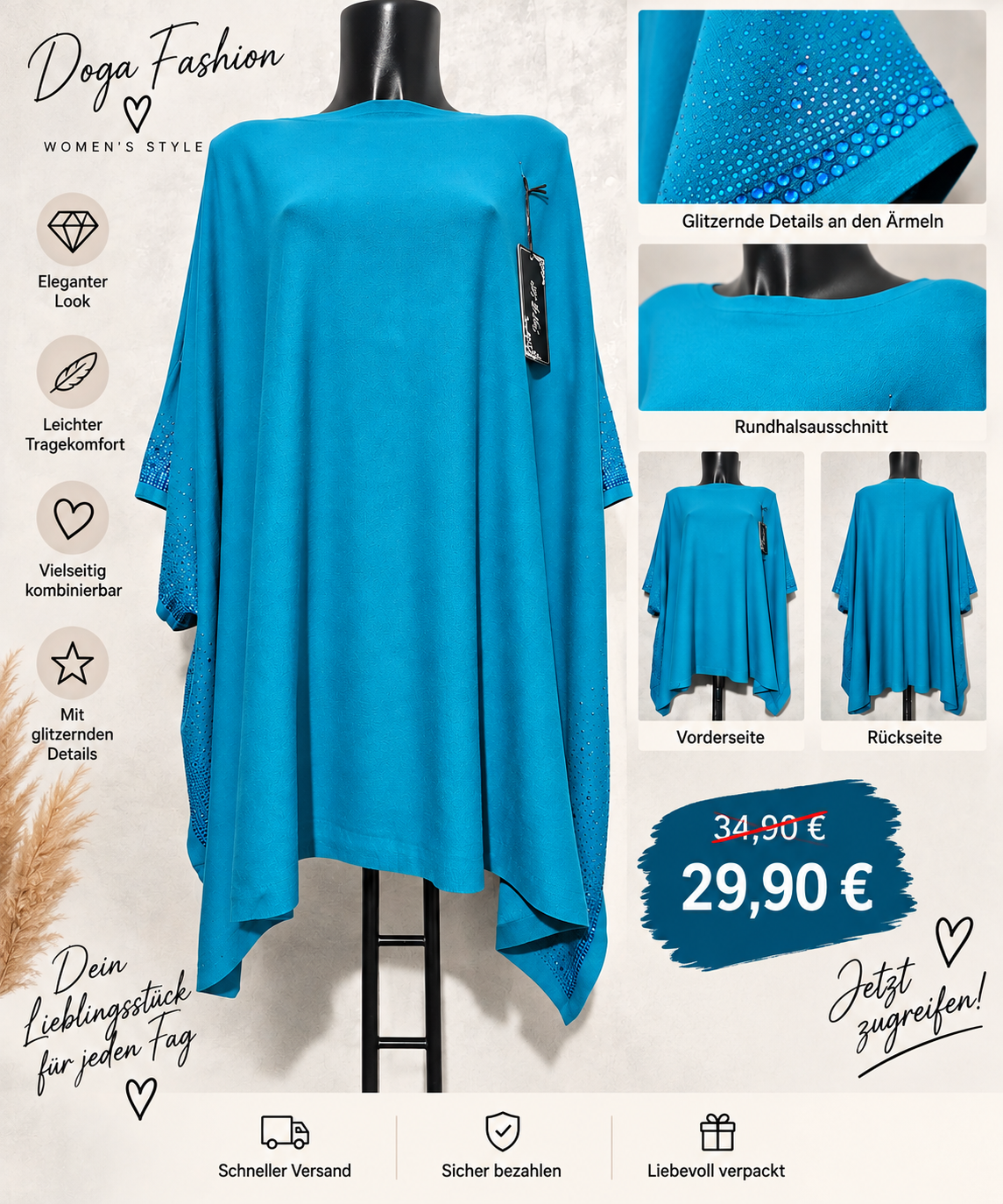 Eleganter Oversize-Poncho mit Glitzer-Details