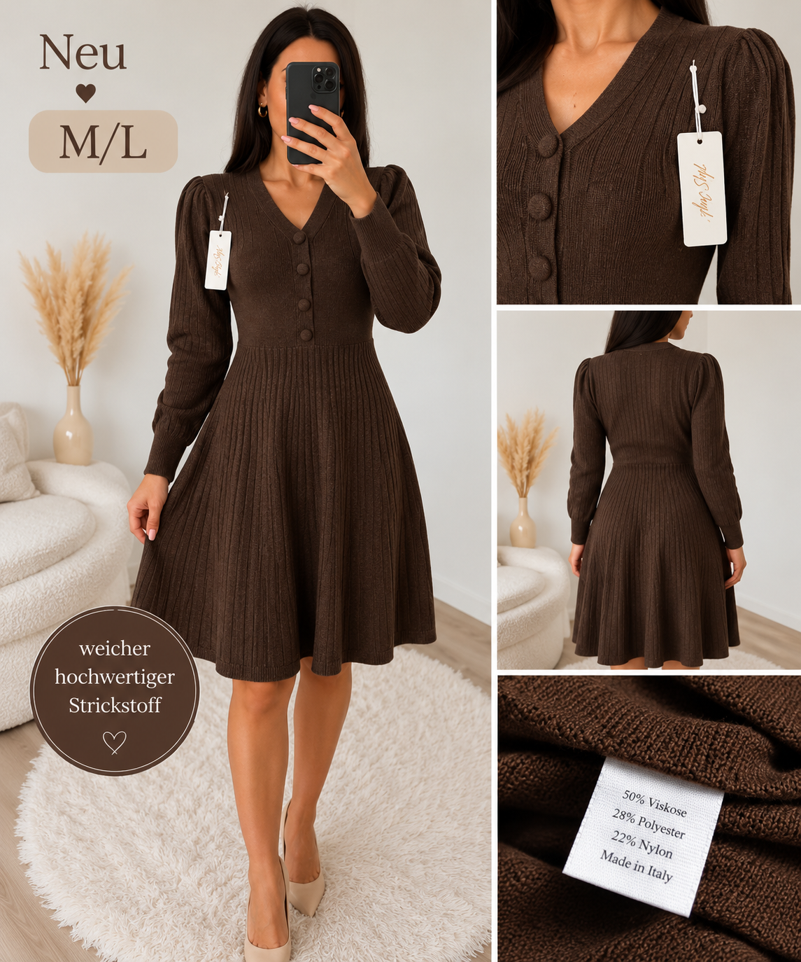 Elegantes Damen Strickkleid mit Knöpfen & Puffärmeln – M/L – 4 Farben