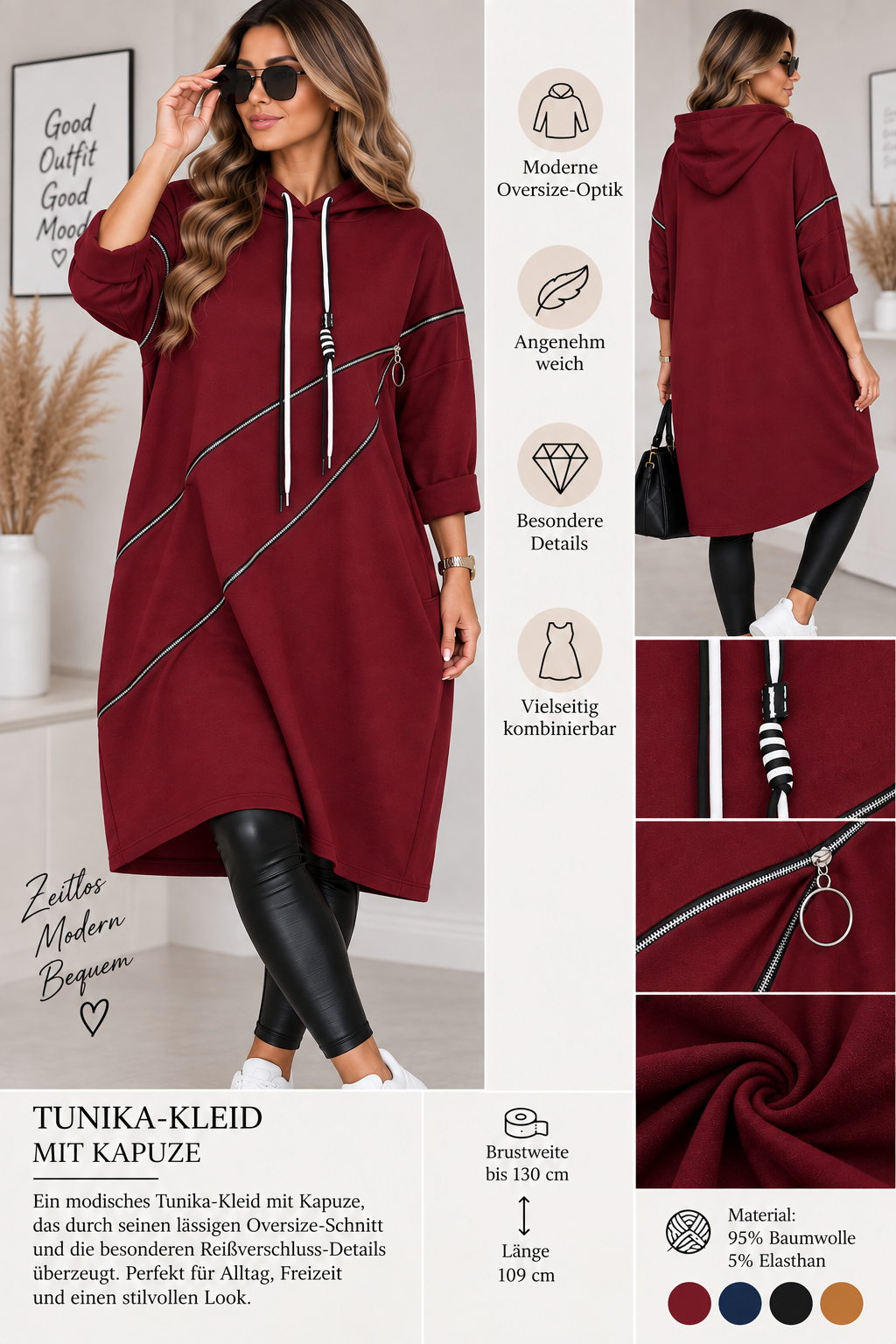 Oversize Tunika-Kleid mit Kapuze & Reißverschluss-Details – Baumwolle