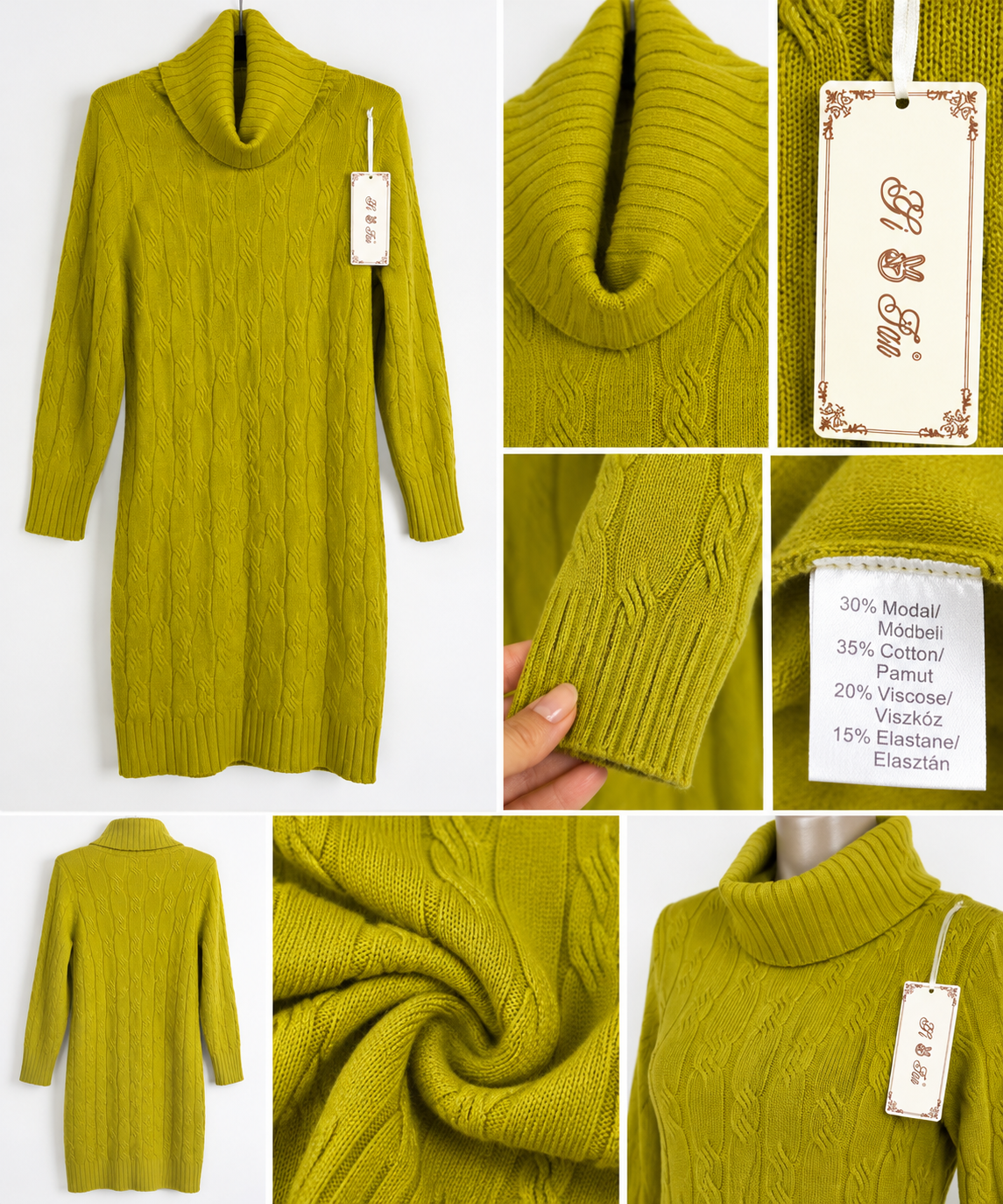 Damen Strickkleid L/XL Rollkragen Zopfmuster Langarm Winterkleid 3 Farben