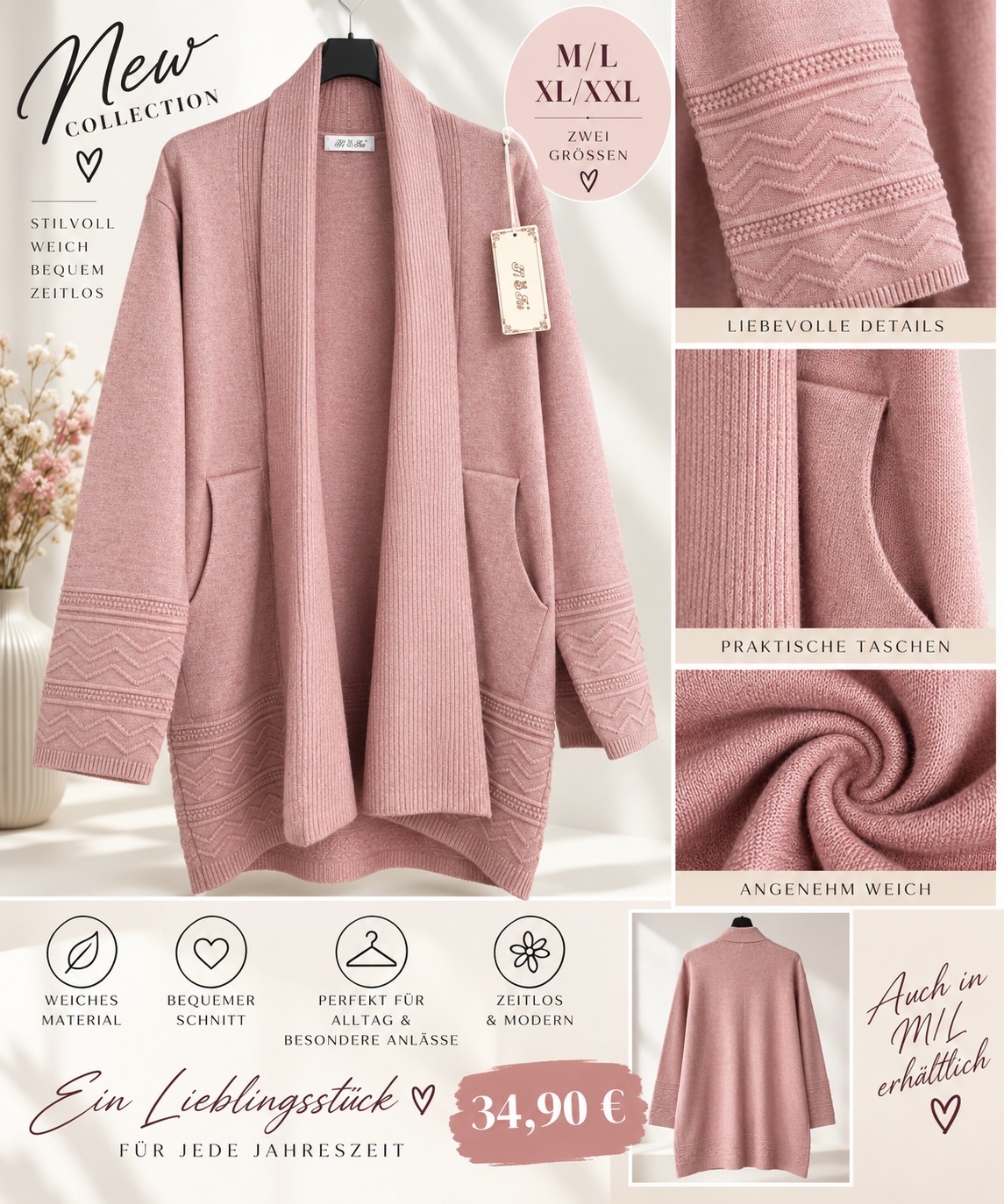 Langer Damen Cardigan mit Taschen & Strickdetails