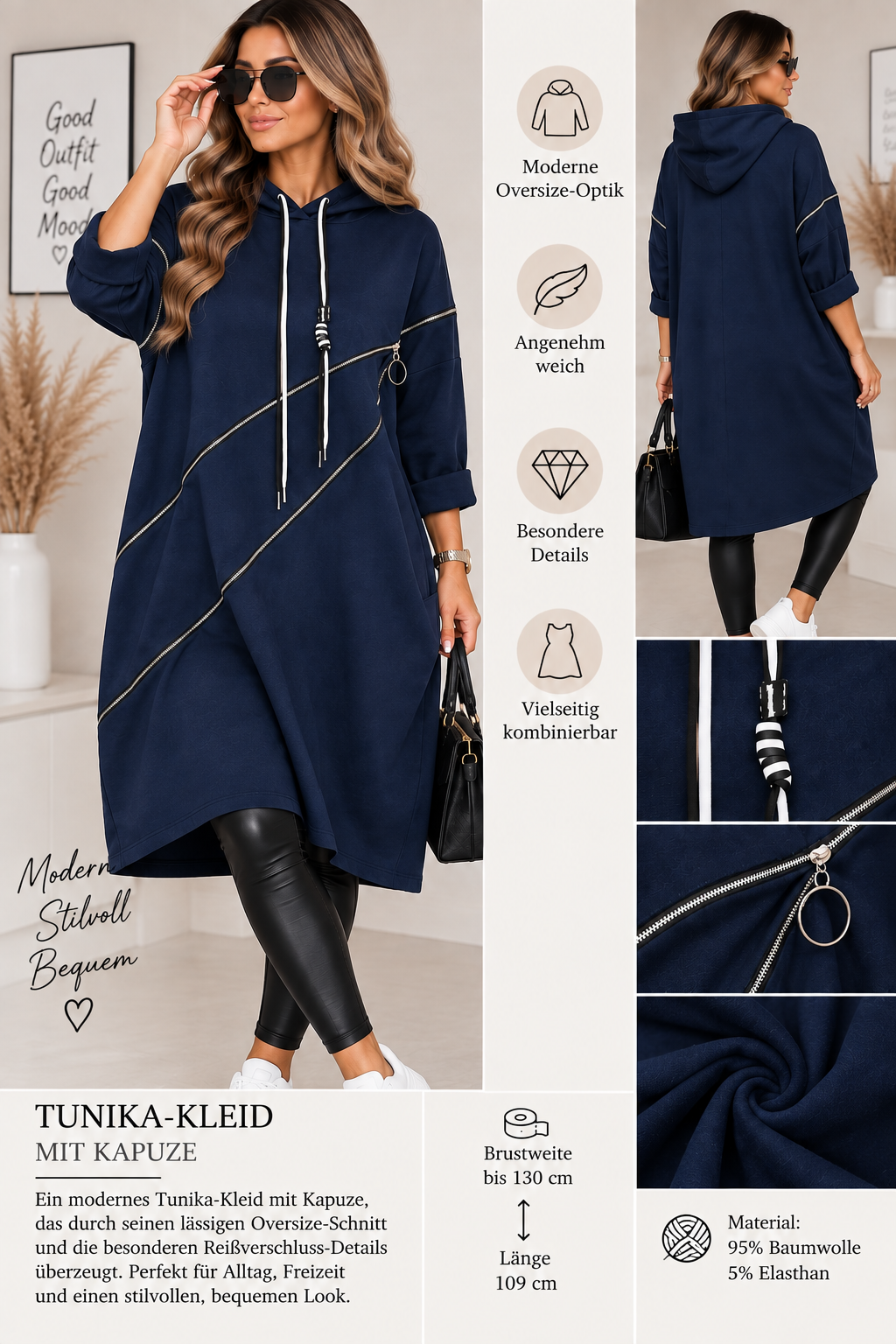 Oversize Tunika-Kleid mit Kapuze & Reißverschluss-Details – Baumwolle