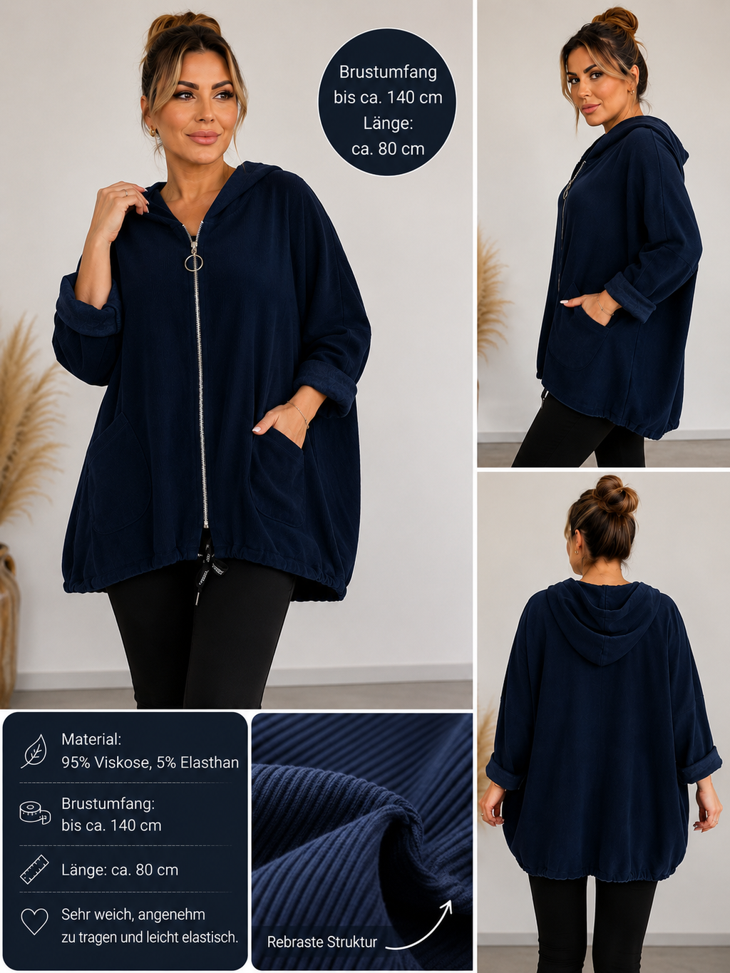 Oversize Jacke mit Kapuze – weich & elastisch | bis ca. 140 cm Brust