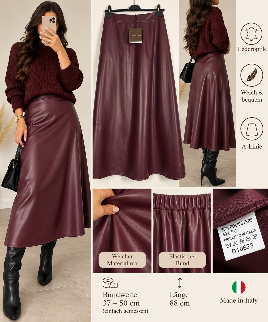 Damen Lederrock Kunstleder Midi Maxirock A-Linie Stretch Schwarz Bordeaux Braun